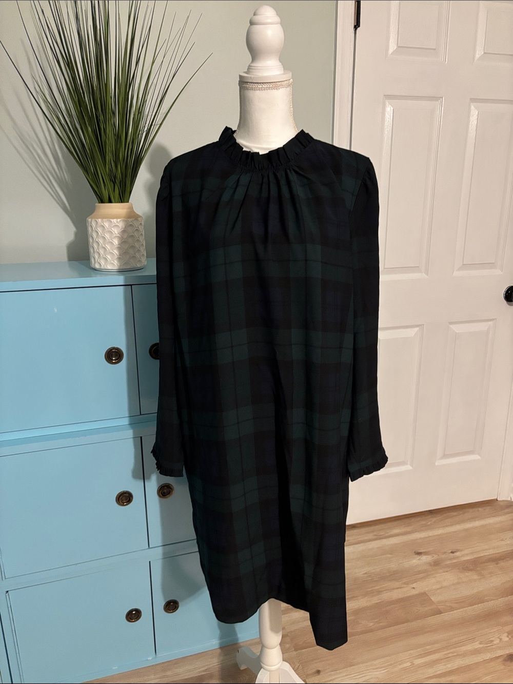 J. Crew Black and Dark Green Plaid Long-Sleeve Shift Dress